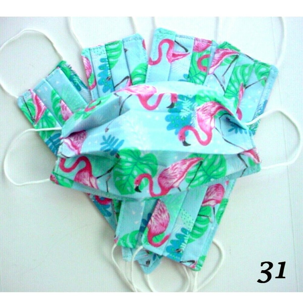 5 FLAMINGO MASKS HANDMADE 100% COTTON REVERSIBLE PLEATED LINED w EAR LOOPS AQUA